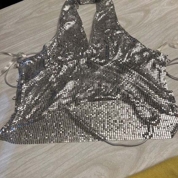 Polly metal silver aluminum mesh  back lace halter top - partially lined - Picture 1 of 4